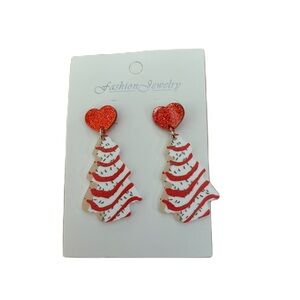 Little Debbie Christmas Tree Dangle Earrings NEW White Red Glitter